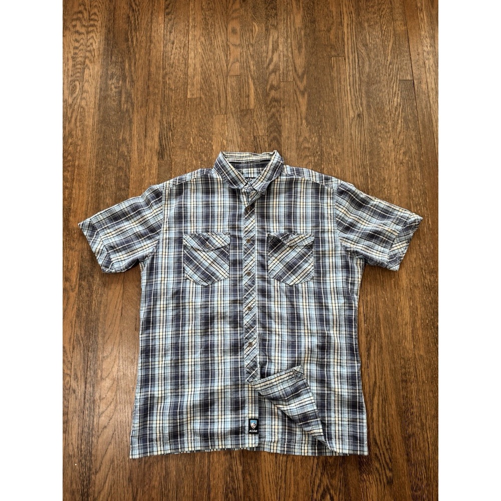 Kuhl Mens Large Suncel Blue Plaid Short Sleeve Button Down Shirt Hiking Outdoor
